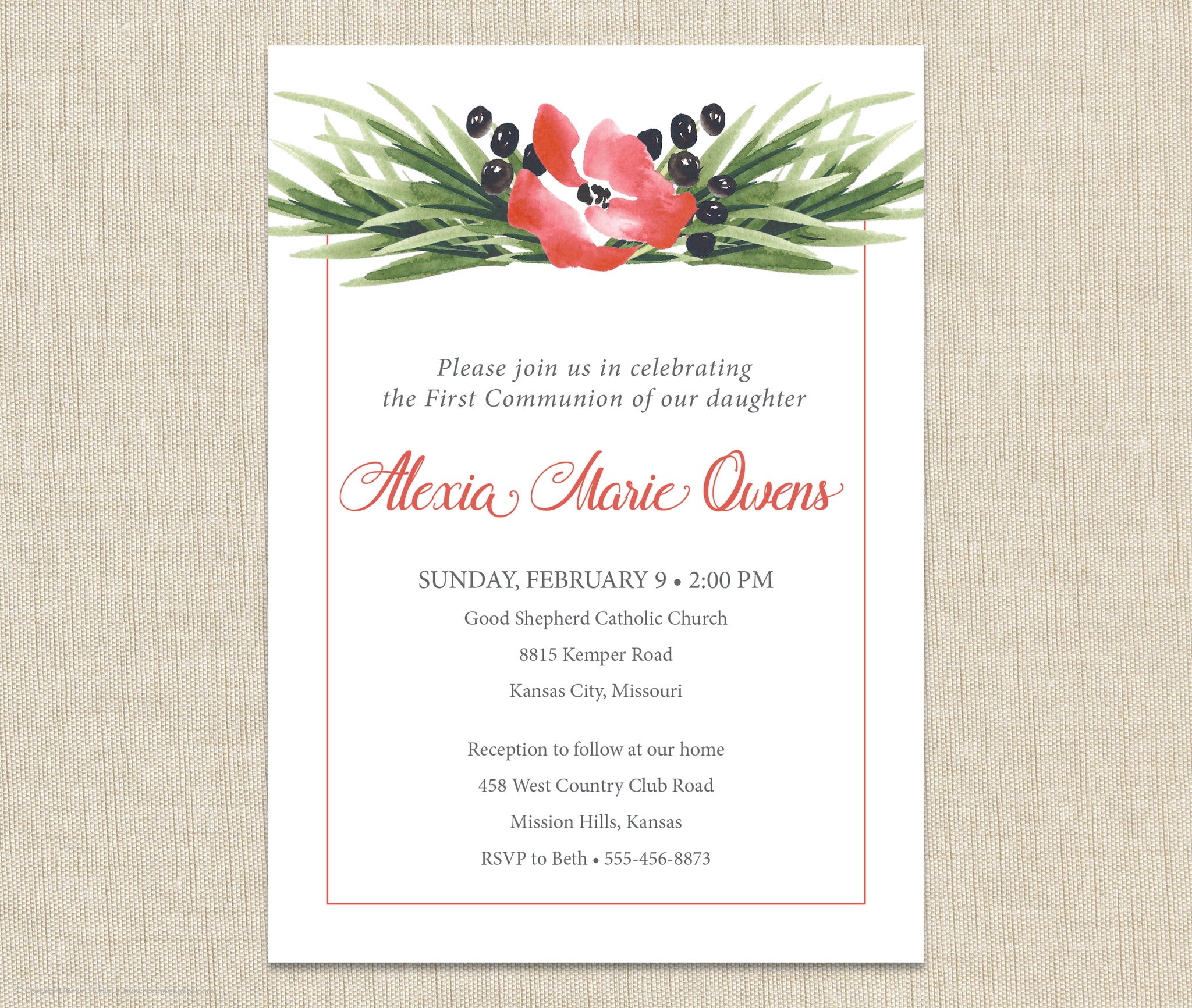 Watercolor First Communion Invitation