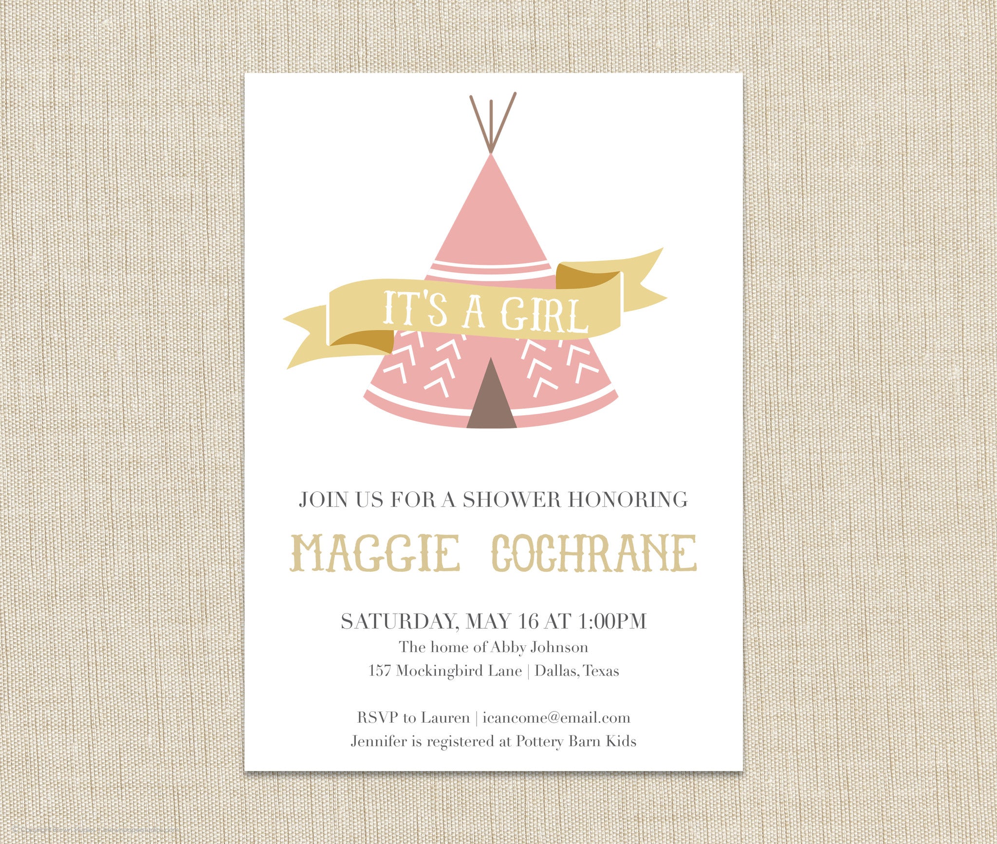 Teepee Baby Girl Shower Invitation
