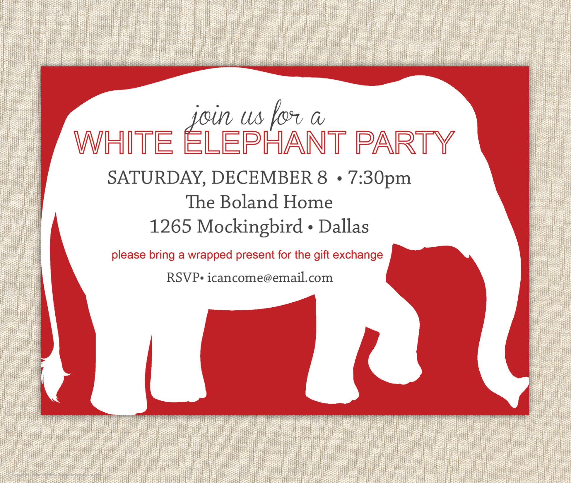 white elephant party invitation wording